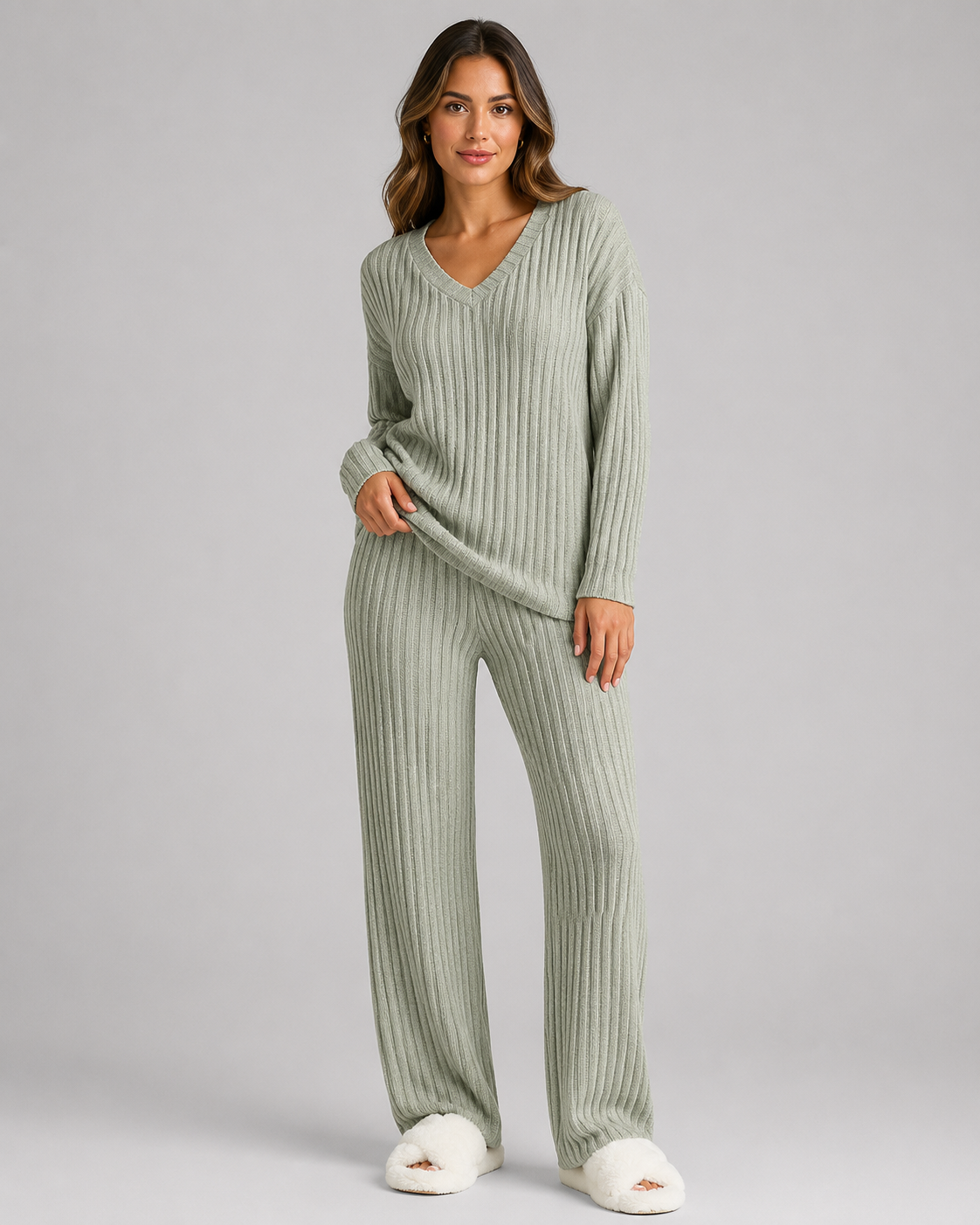 Women 2 Piece Ribbed Knit Lounge Set